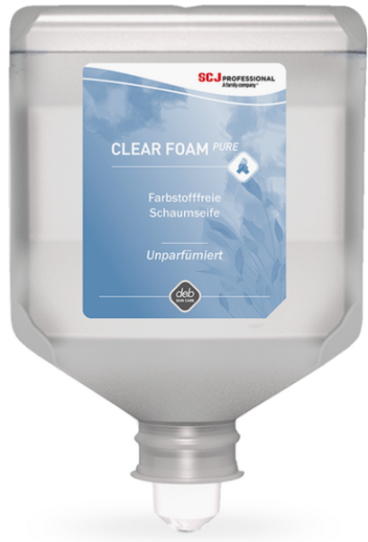 CLEAR FOAM PURE ist eine Duft- und farbstofffreie, biologisch abbaubare, hypoallergene Schaumseife für die Hände mit zusätzlichen Feuchtigkeitsspendern. Wäscht über 99 % Schmutz und Keime ab.